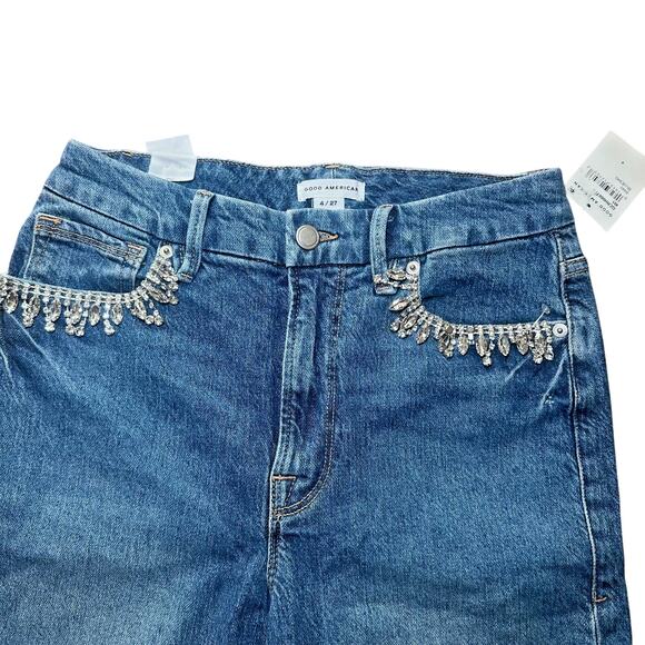 NWT Good American Classic Crystal Fringe Jeans Size 4/27 Medium Wash Glam Chic - Picture 3 of 9